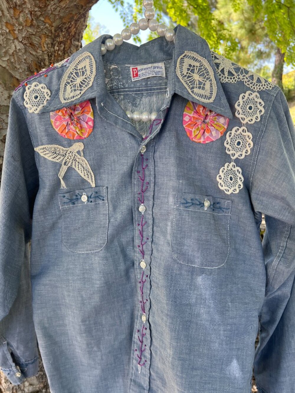 70's Chambray Embellished Button Down - Vintage - Size Medium